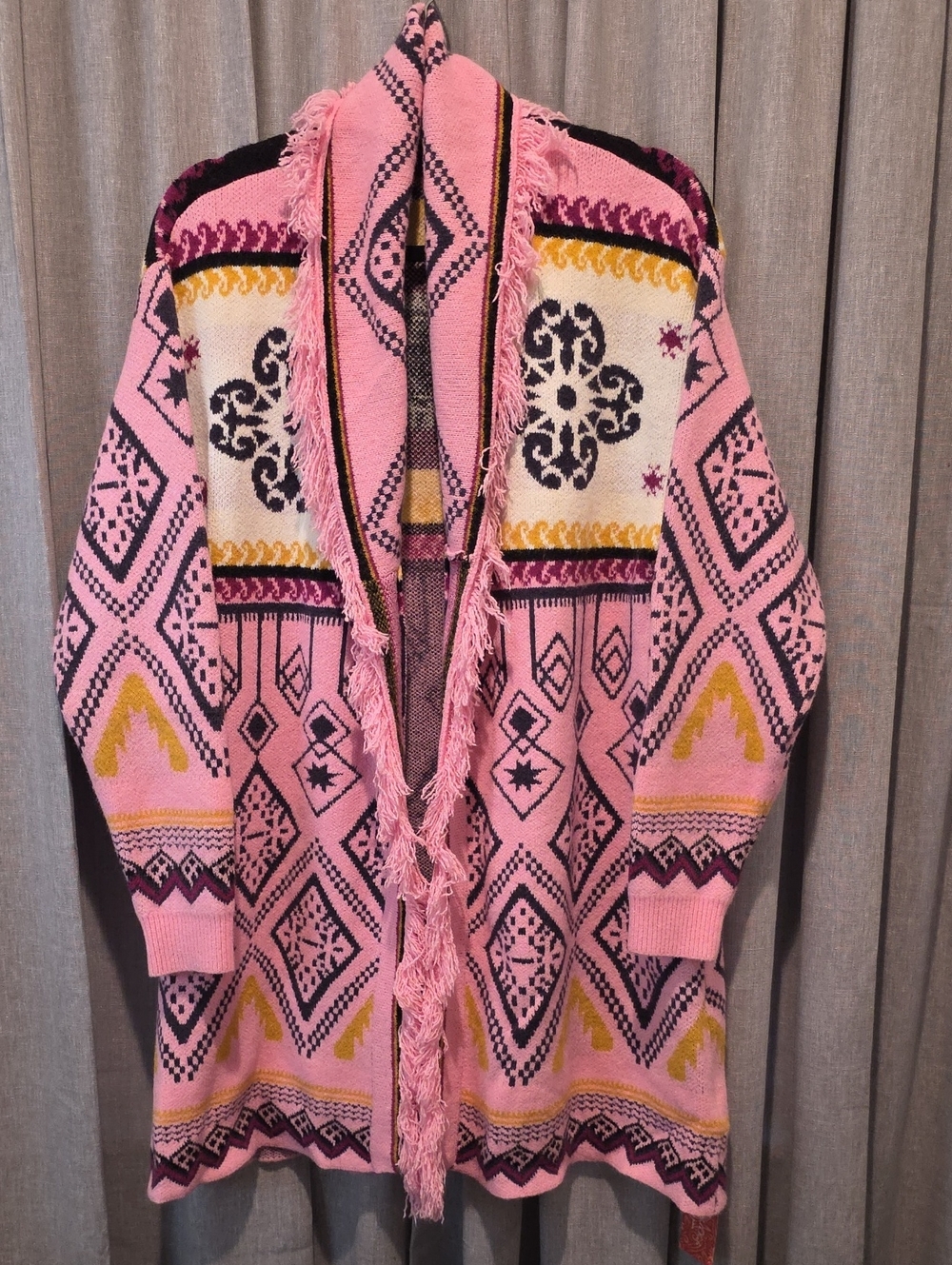SHEIN Bohemian Pink Open-Front Fringe Cardigan with Navy & Mustard Accents